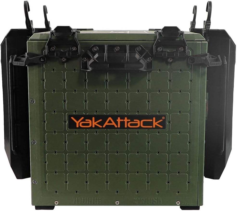 YakAttack BlackPak Pro Kayak Fishing Crate - Ranger Green | 13" x 16" Riggable Kayak Gear Storage System with Hinged Lid, GridLoc Mount Panels & 4 TetherTube Rod Holders | Lightweight Tankwell Crate