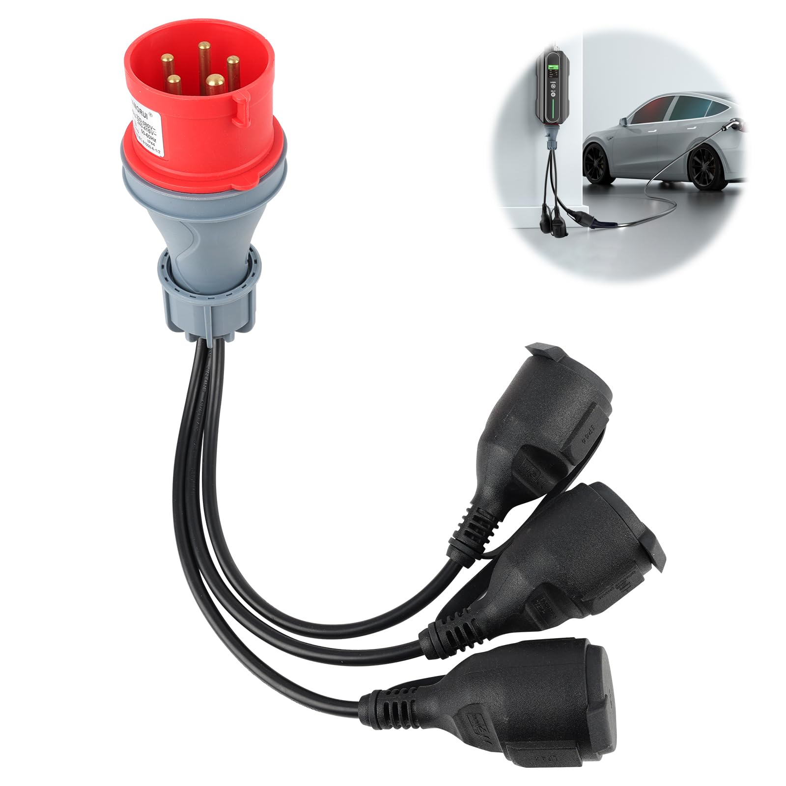 Adaptateur CEE - Répartiteur de courant fort - 400 V - 16 A - Fiche vers 3 x 230 V - Câble d'extension de courant fort - Câble adaptateur CEE de camping avec couvercle rabattable et fiche de contact