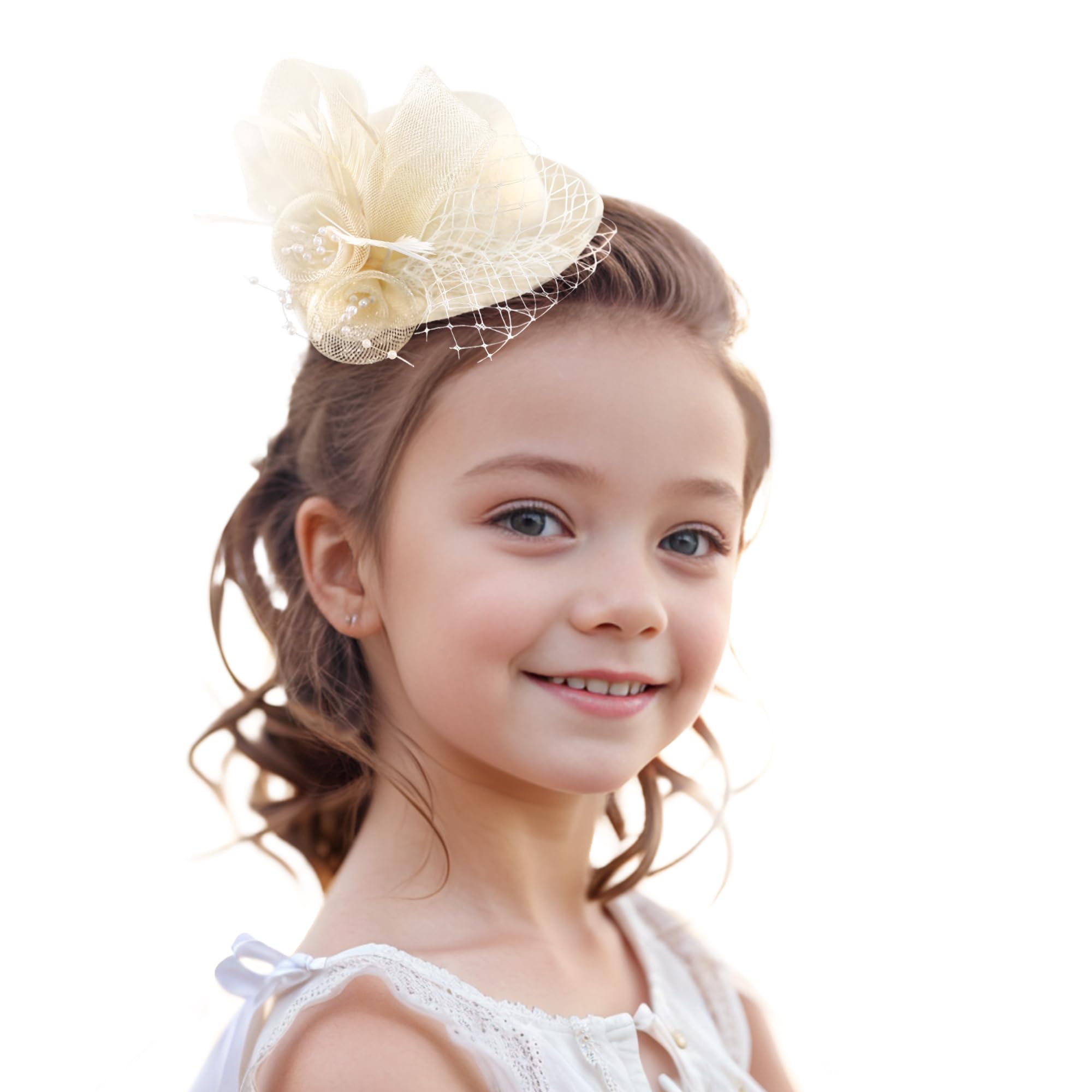 ZinnidayZinniday Girls Tea Party Fascinators - Off White Hats with Bead Chain for Girls Decoration, Mini Hat for High Tea Party, Birthday Headwear Accessories for Kids