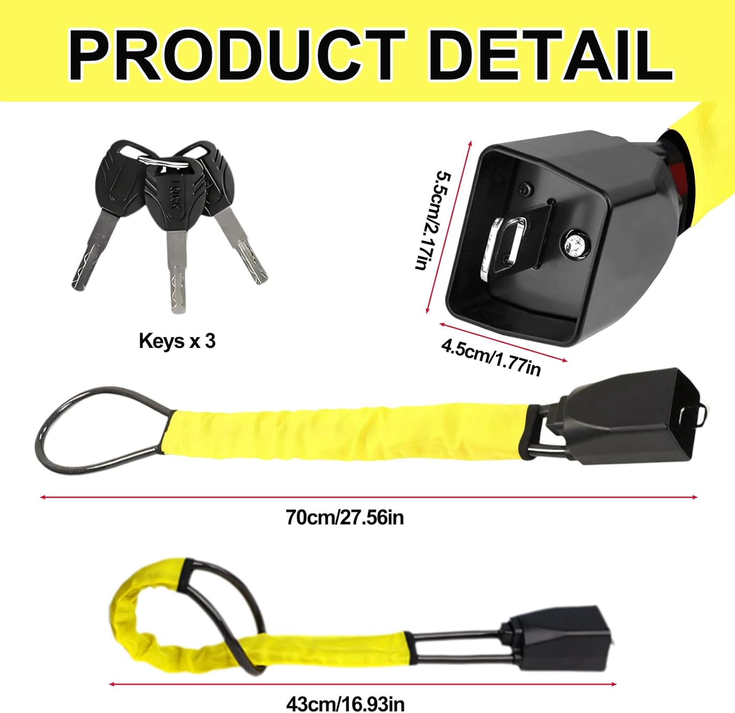 Car Steering Wheel Seat Belt Lock, 17 Inch Alloy Steel Anti-Theft Device, Universal Fit for Most Vehicles/SUV/Golf Cart, Lightweight 1.2lbs Multi-Functional Security Lock with 3 Keys (Yellow)