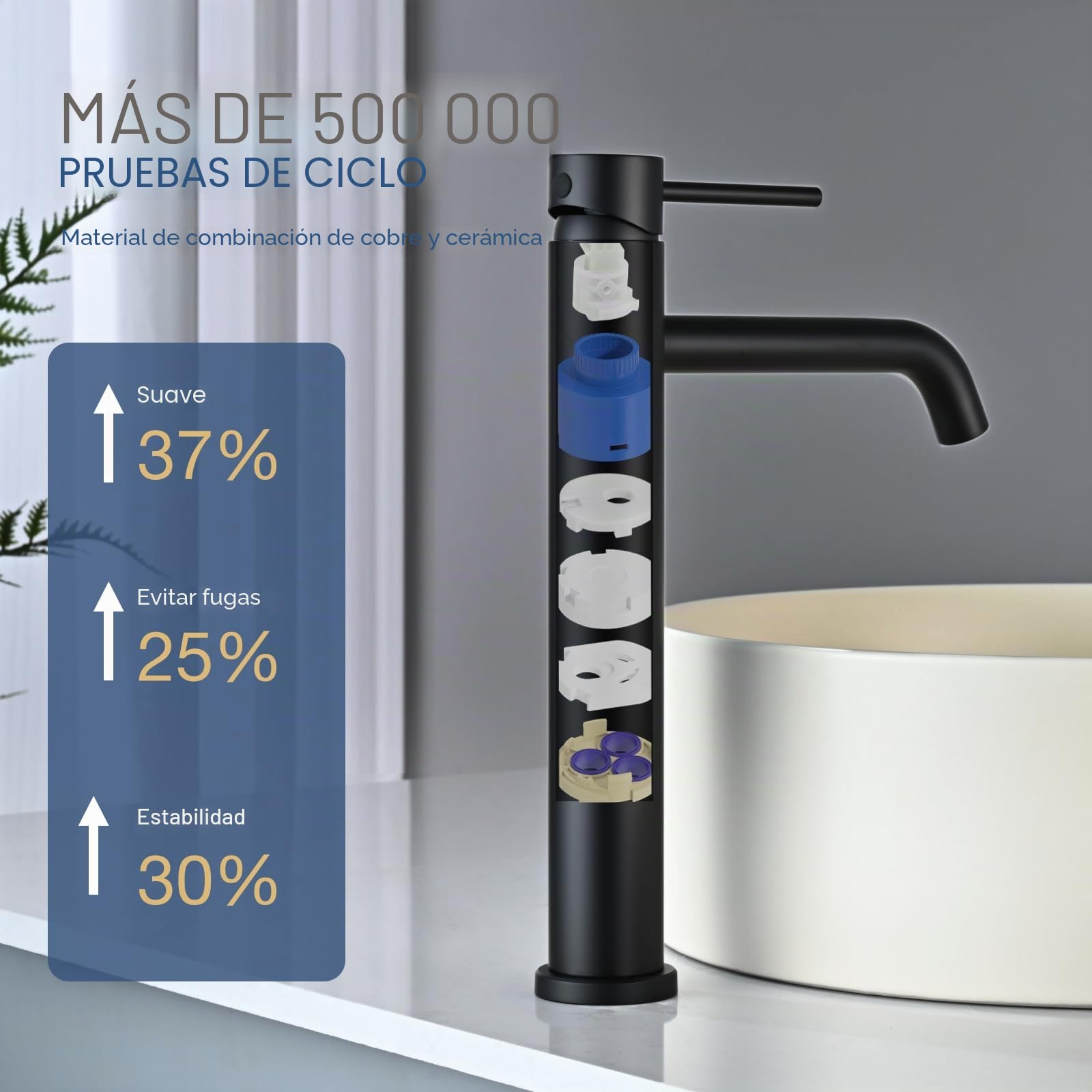 Grifo Lavabo Alto Negro Mate, DETBOM Grifo Monomando Lavabo Agua Fría y Caliente, Grifos para Lavabo de Encimera, Mezclador de Baño de Acero Inoxidable 304, Aireador Extraíble, Altura de Caño 204mm