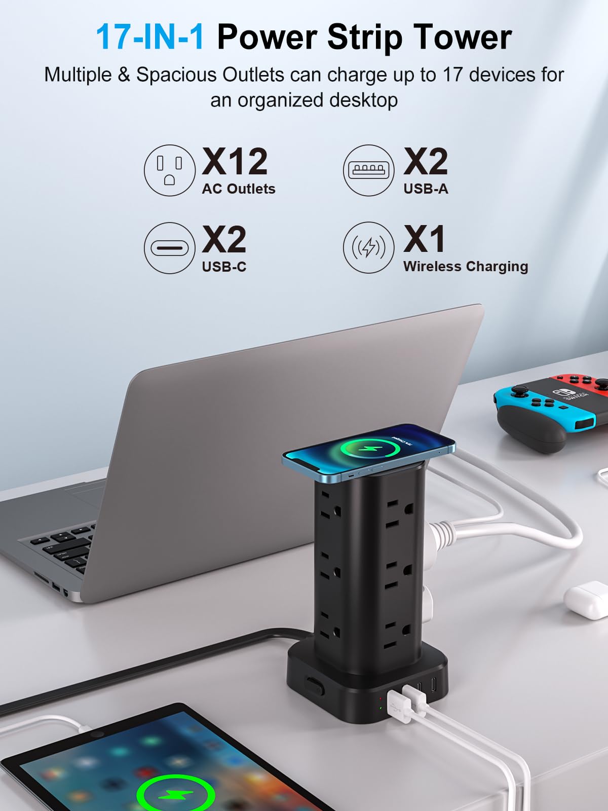 Multiprise avec chargeur sans fil, parasurtenseur à prise plate avec rallonge de 1,8 m, 12 prises CA multiples, 4 USB (2 USB C), tour d'alimentation