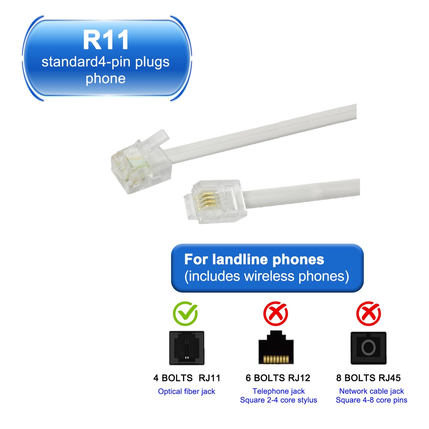 Langes Telefon-Verlängerungskabel, 6 m, weiß, Telefonkabel mit Standard-RJ11-Stecker, 1 Telefonleitungs-Splitter, 1 Inline-Koppler und 15 Kabel-Clip-Halter für Telefongespräche, Kommunikation