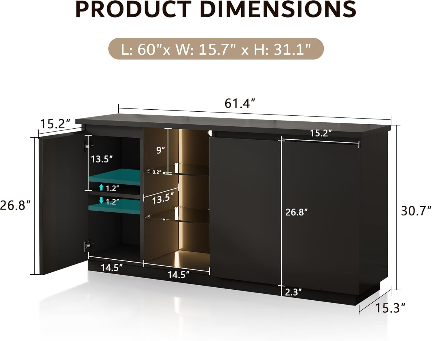 iPormis Sideboard Buffet Cabinet with Storage & LED Lights, Modern Credenza Sideboard With Doors and Adjustable Shelves, 60" Coffee Bar Table Storage Cabinet for Dining Room Kitchen Living Room, Black