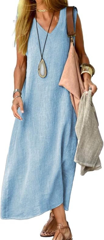 LOAIHA Womens Cotton Linen Plus Size Sun Dress with Pockets,Summer Sleeveless Maxi Dress for Women Loose Casual Tank Dress