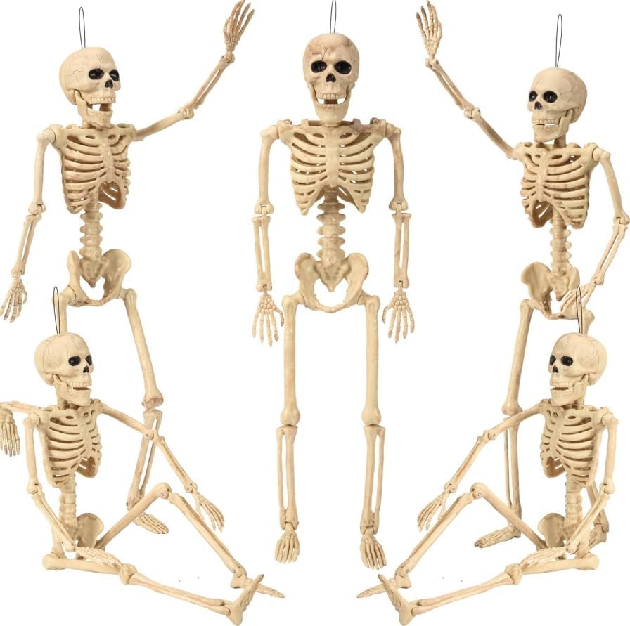 5 pack 18" posable halloween skeleton decorations,human bones for halloween party with movable joints,for haunted houses, front lawn, graveyard props 18inch