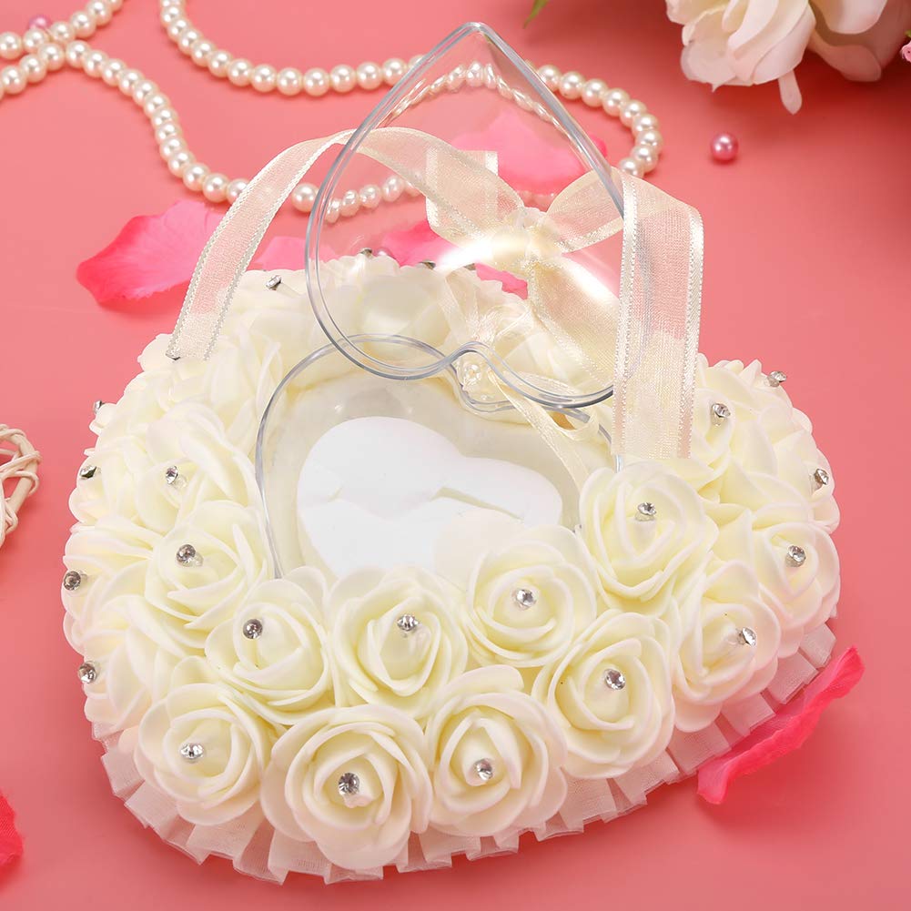 Ailgely Heart Shaped Romantic Wedding Box Rose Rhinestone Decor Pillow (Milk White)