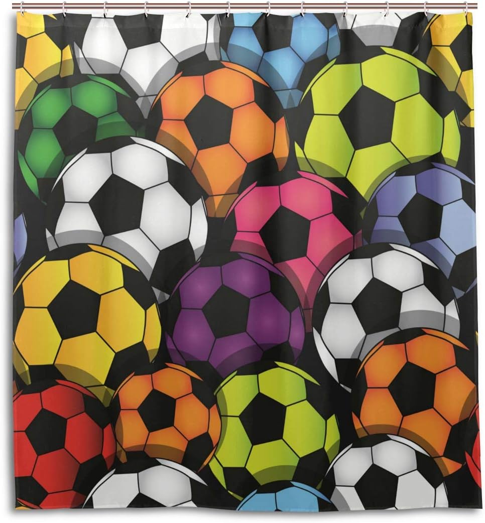 Samau シャワーカーテン おしゃれ 防カビ フック 防水 サッカー ボール柄 バスカーテン 浴室カーテン 目隠し ユニットバス 洗面所 取付簡単 リング付属 165ｘ180