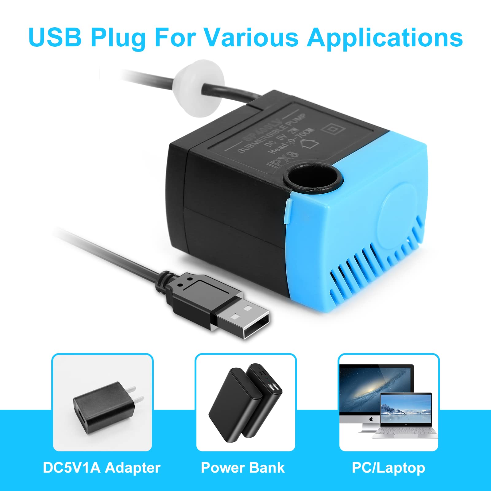 SP-400LV Bomba de fuente de agua para gatos y perros con ojales, bomba de repuesto USB para fuentes de consumo de mascotas compatible con mariposa, 1/2 galón, 1 galón, 2 galones