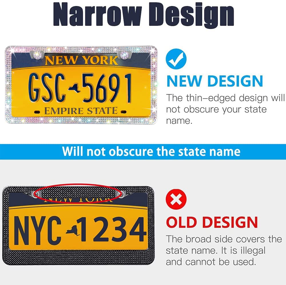 2 Pack Bling License Plate Frames – Crystal Rhinestone Sparkly Border For Women, Thin Design, Waterproof & Anti-Theft, AB Colorful