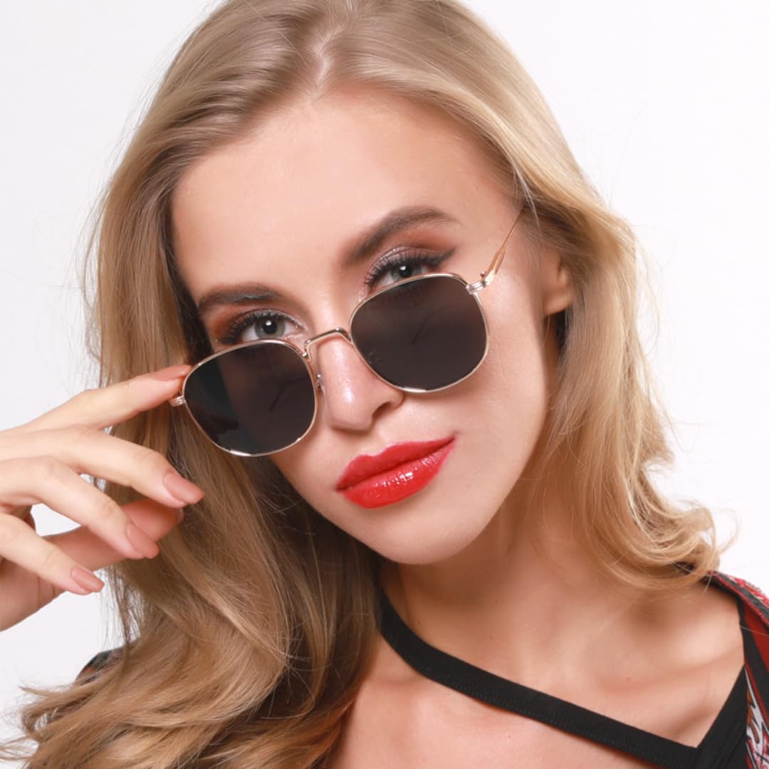 Occhiali da sole con protezione UV400 | Montatura rotonda in metallo, lenti nere e rosse | per donna, uomo, sport all'aria aperta e guida