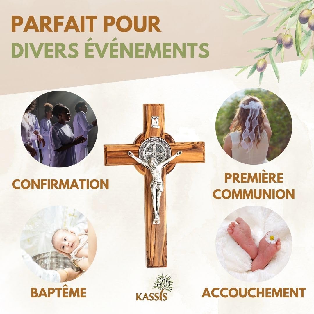 Kassis Geschenkartikel Croix de Saint Benoît en bois d'olivier – Croix murale chrétienne faite main à Bethléem pour baptême et communion – 20 x 12,5 cm (sans gravure), Saint Benoît