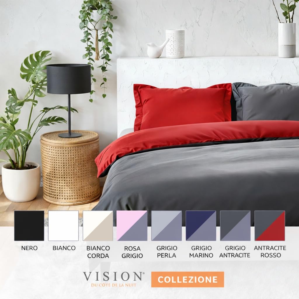 VISION Parure Copripiumino Reversibile 100% Cotone – Grigio Antracite | 1 Copripiumino (155×220 cm) + 2 Federe (80×80 cm) | 57 Fili/cm² | Morbido e Confortevole | Certificato Oeko-Tex
