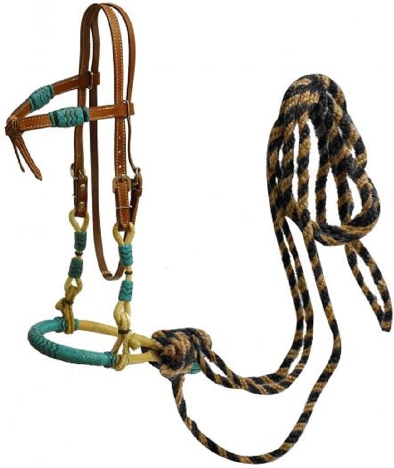 Showman Leather Futurity Knot Headstall Teal Rawhide Braided Bosal Horse Hair Mecate Reins