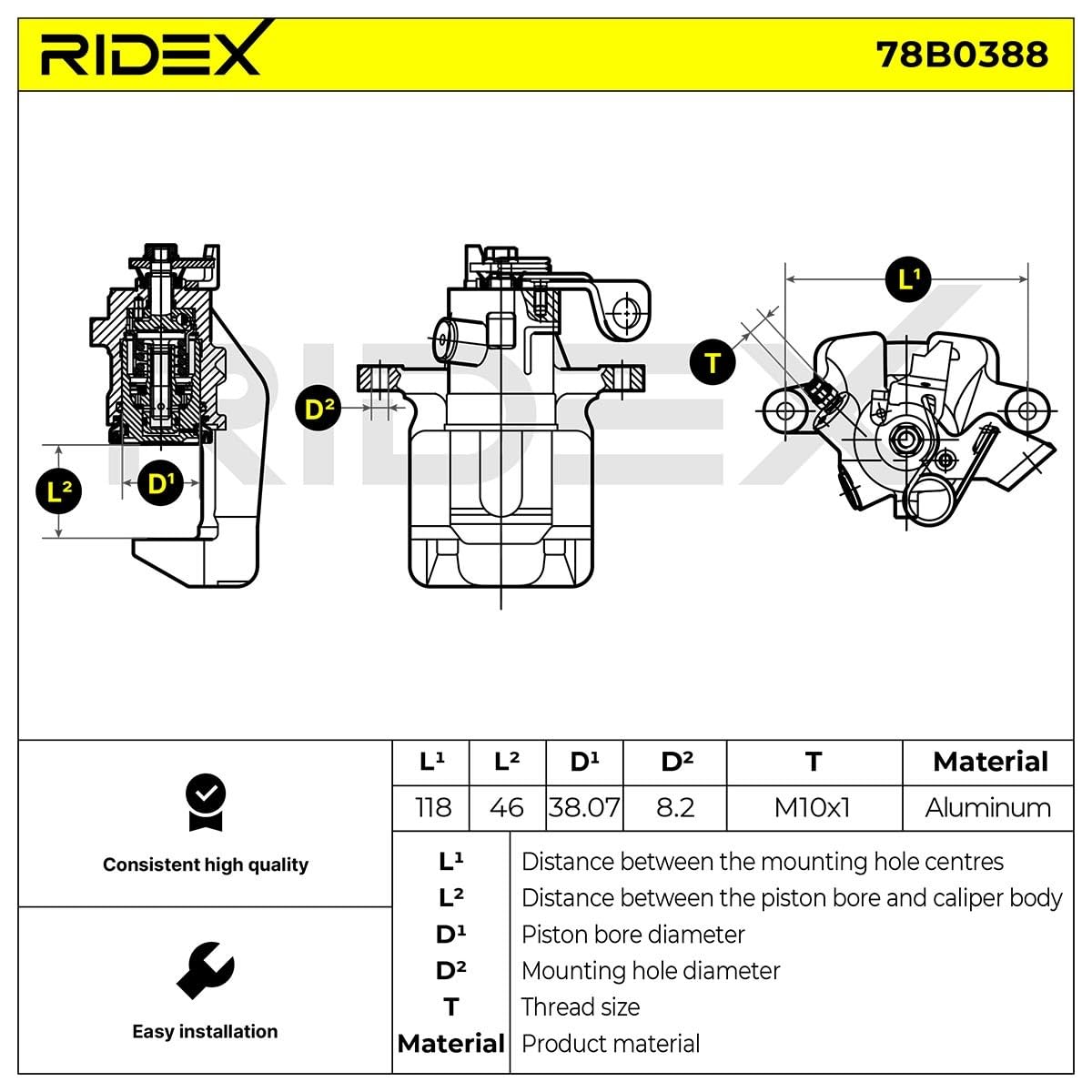 RIDEX 78B0388 Pinza freno Posteriore Destra Posteriore Compatibilità con OPEL Crossland X P17