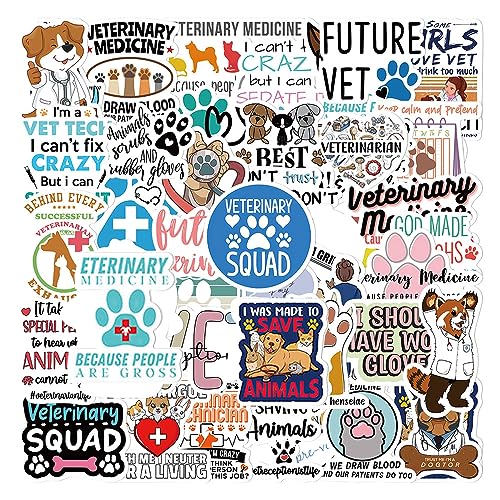 50 Pcs Veterinary Stickers Veterinary Vet Tech Decals for Water Bottle Hydro Flask Laptop Luggage Car Bike Bicycle Vinyl Waterproof Veterinary Stickers Pack