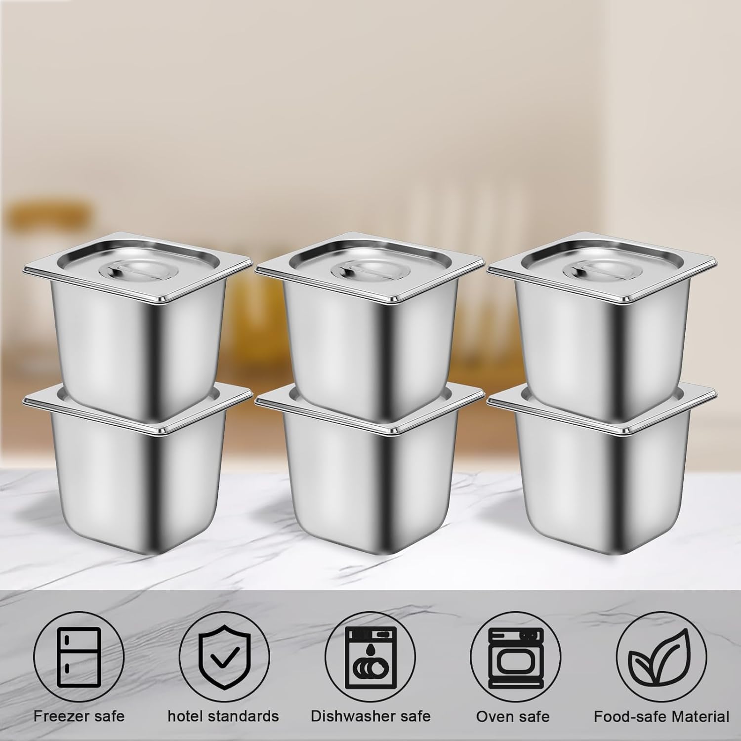 Lot de 6 Pans Gastro en Acier Inoxydable avec Couvercles, Pans de Table à Vapeur 15cm de Profondeur, Contenants Alimentaires Anti-Jam pour Service de Restauration, Buffet, Restaurant, Hôtel Taille 1/6