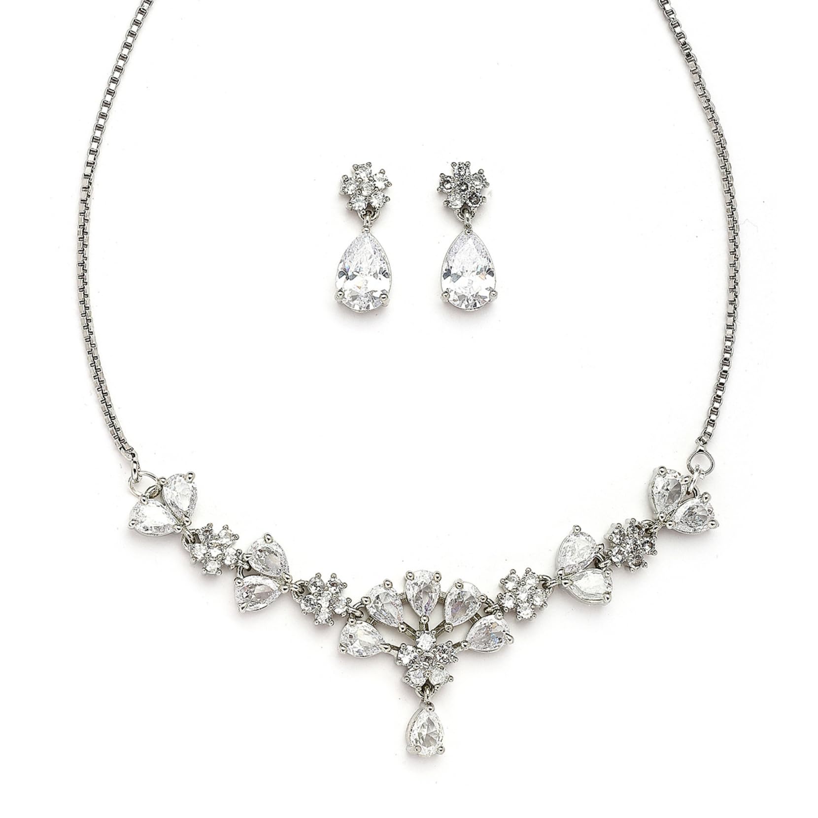 Rhodium Plated Silver Toned Floral Shaped White American Diamond Studded Necklace With Earrings Jewellery Set For Women & Girls-image-10