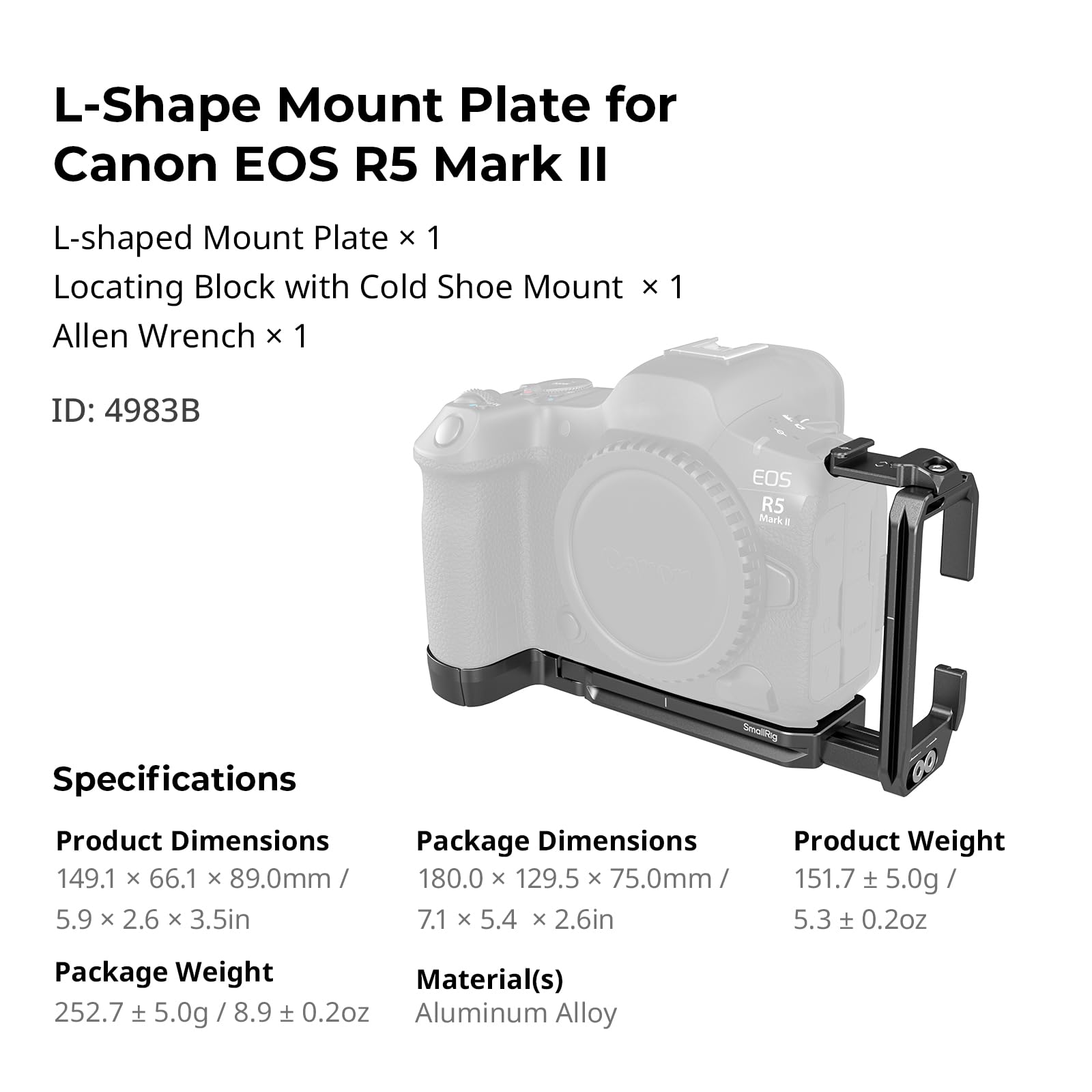 SMALLRIG Uchwyt L do Canon do EOS R5 Mark II, poziome i pionowe zdjęcia, płytka w kształcie litery L z otworami gwintowanymi 1/4"-20 wbudowana płytka szybkiego zwalniania do aparatów Arca-Type - 4983