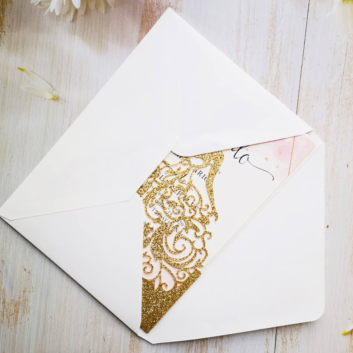 50PCS Gold Laser Cut Wedding Invitations Cards For Birthday Sweet 15 Quinceañera Party Invites Wedding Bridal Shower Engagement (Gold Glitter)