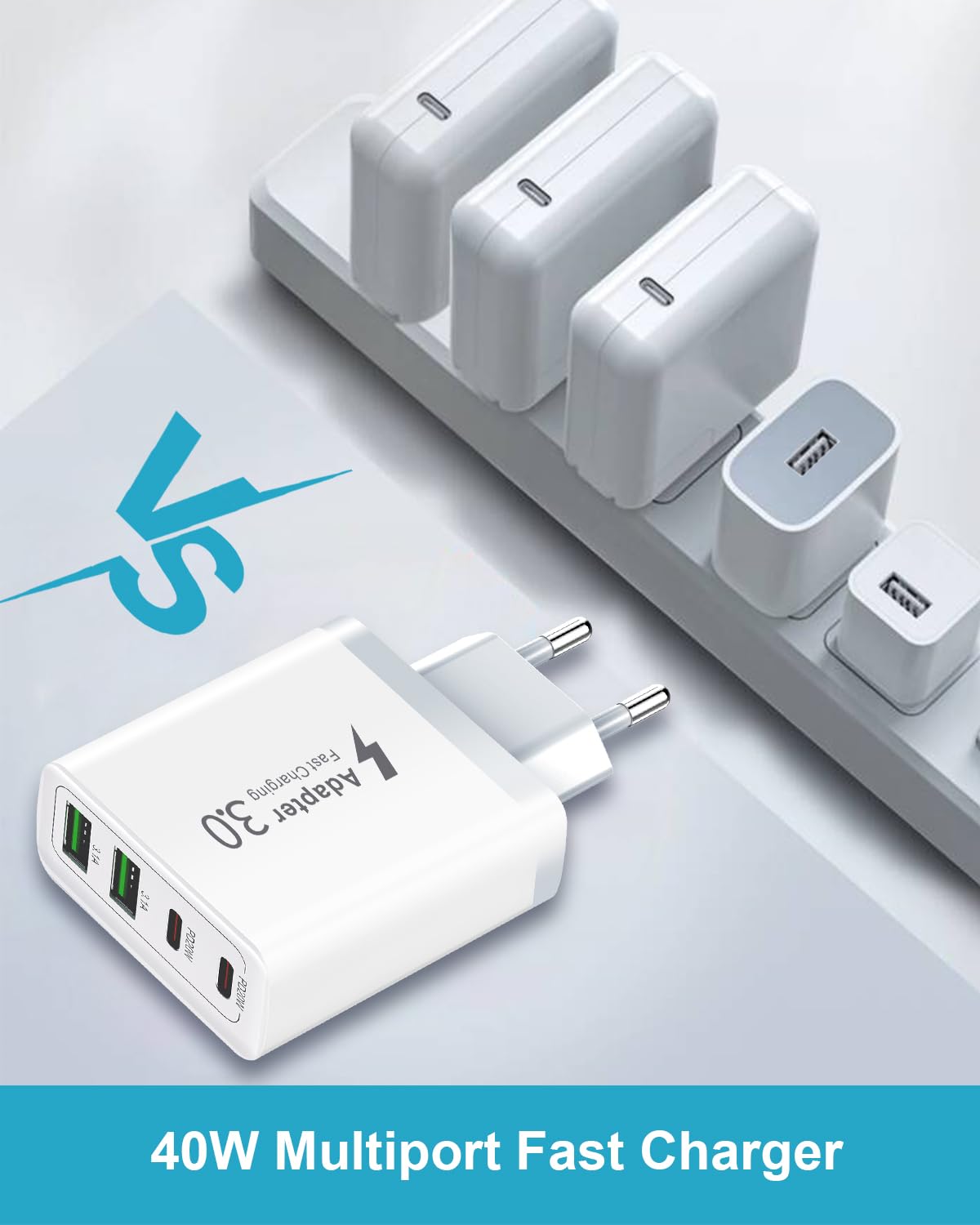 Cargador USB C 40W, 4-Puertos Enchufe Tipo C Rapido PD+QC 3.0