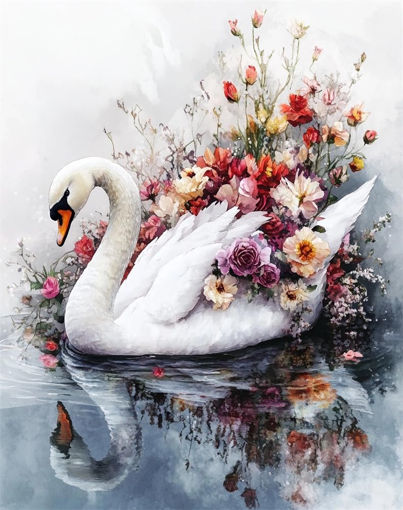 Henypt Counted Cross Stitch Kit for Adults Pre Printed, White Swan and Flowers DIY 11Ct Embroidery Sewing Starter Kit Stamped Needlework Easy Beginners (Stamped Home)
