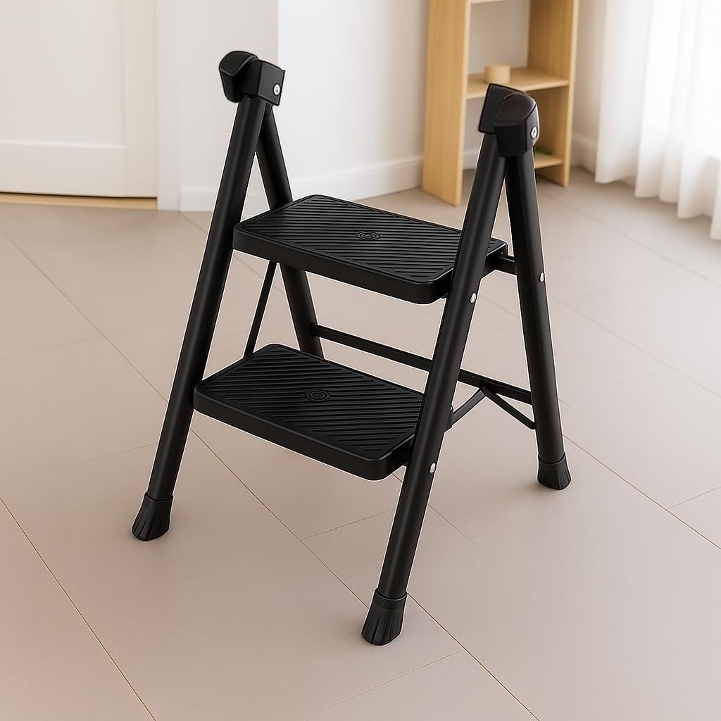 2-Step Steel Folding Ladder, Lightweight, Portable & Durable, Anti-Slip Steps, Compact Utility Ladder for Home, Kitchen & Office (Black)