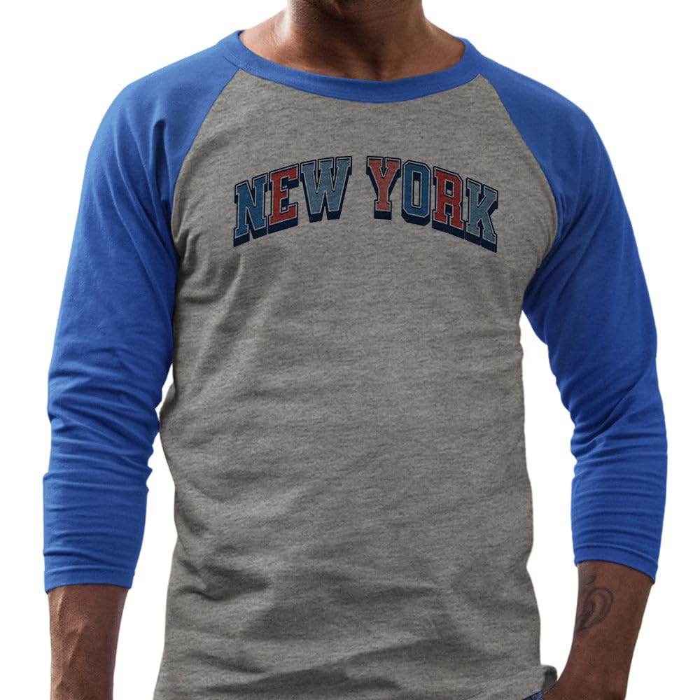 USA New York Three-Quarter Raglan Sleeve Baseball Shirt Unisex Small Grey/Royal