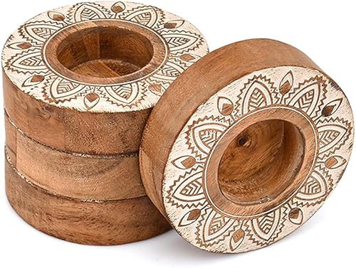 Miniatura 2 de Kimona Portavelas de madera rústica de acacia para velas de té, para bodas, fiestas, cumpleaños, vacaciones (juego de 4) (3.5 x 3.5 x 1 pulgadas)