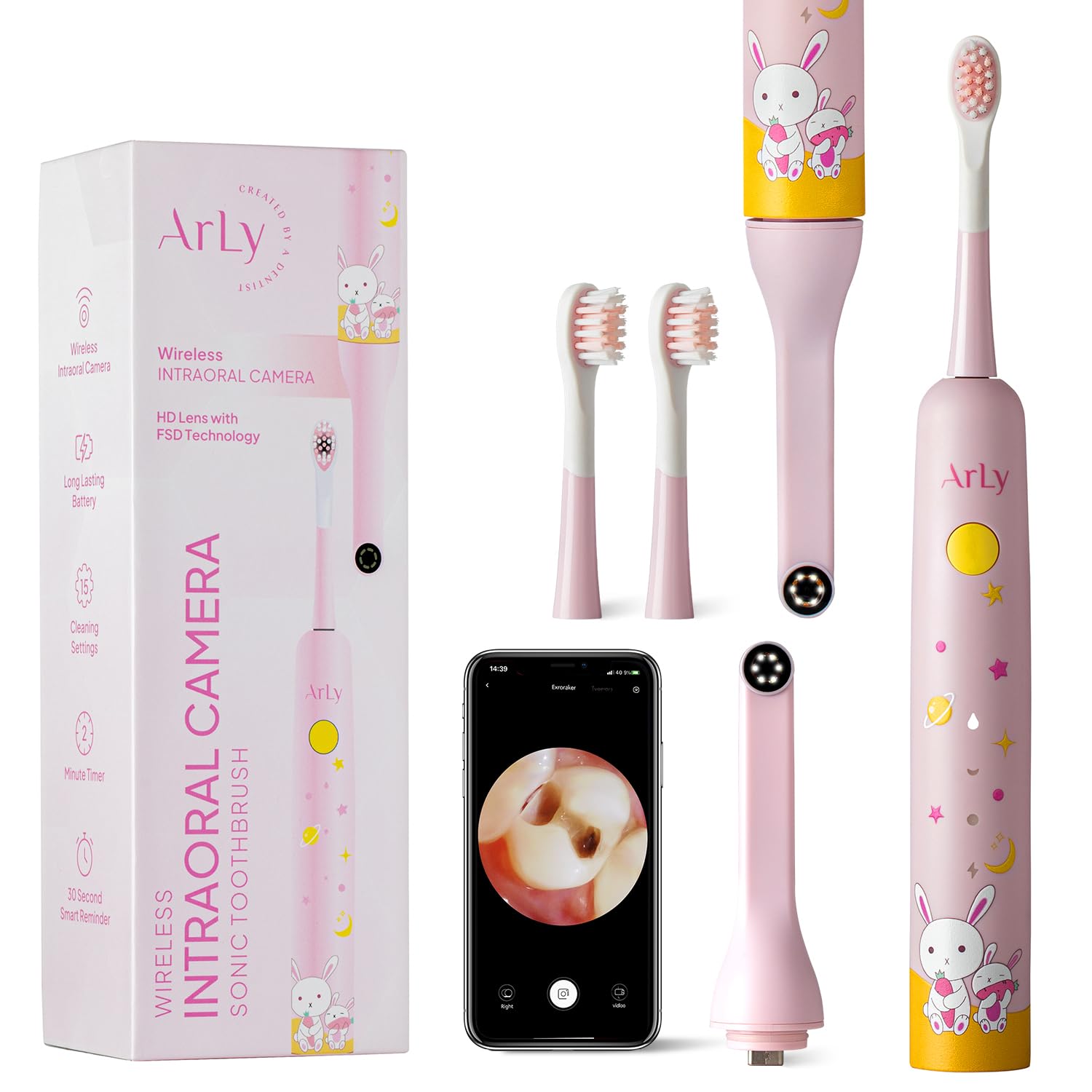 Arly Cam-Brush 2 - Wireless Intraoral Camera &amp; Sonic Electric Toothbrush for Children - Pink