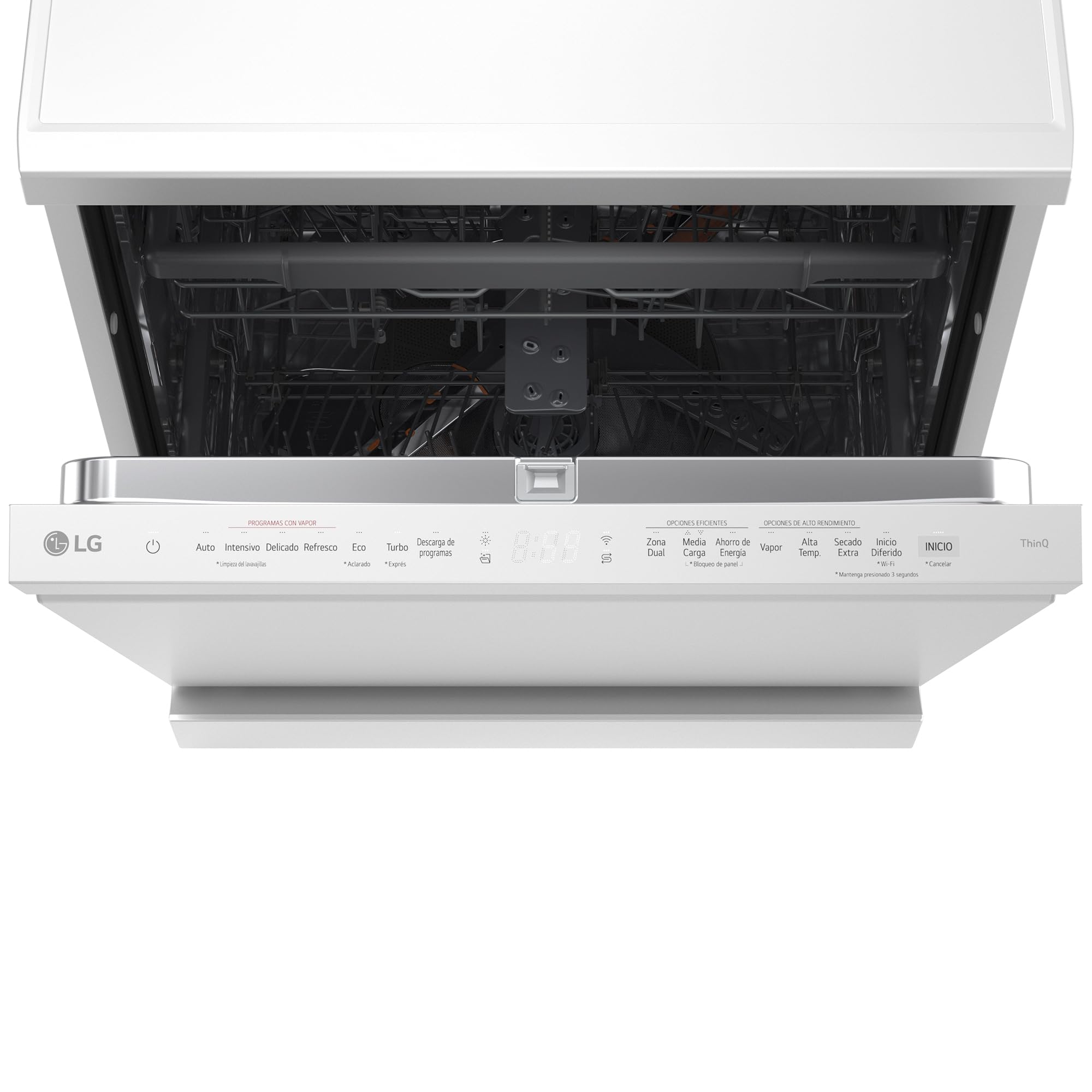 LG DF375HWS - Lavavajillas QuadWash Steam, Sistema EasyRack, Bandeja para Cubiertos, Wi-Fi ThinQ, TrueSteam, Apertura Automática, 14L, Eficiencia A, Blanco Marfil