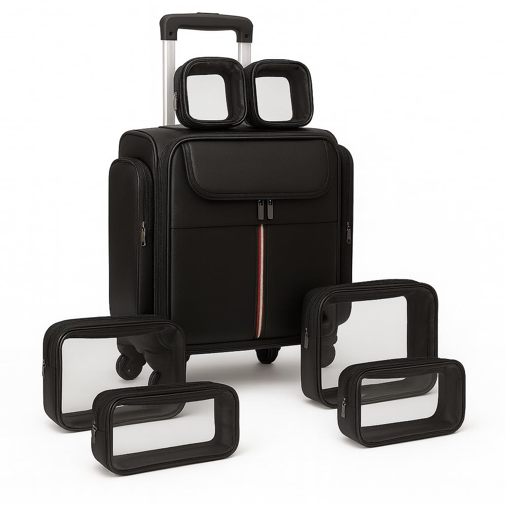 Makeup Vanity Trolley – Premium Black Nylon Travel Organizer with Multiple Pockets, Secure Lock & 6 PVC Storage Pouches for Professionals-image-25