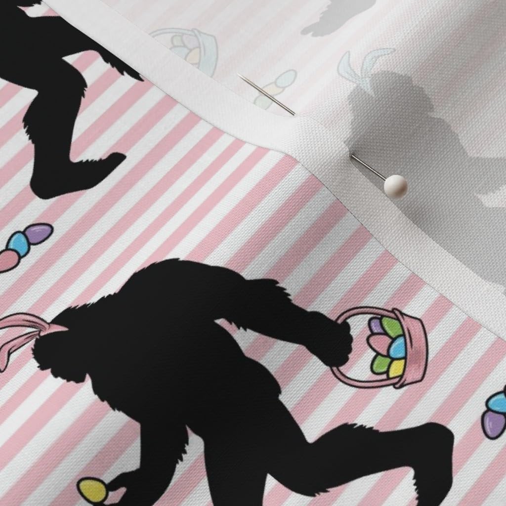Spoonflower Fabric - Bigfoot Bunnies Pink Stripes Easter Eggs Bunny Sasquatch Stripe Egg Printed on Petal Signature Cotton Fabric by The Yard - Sewing Quilting Apparel Crafts Decor