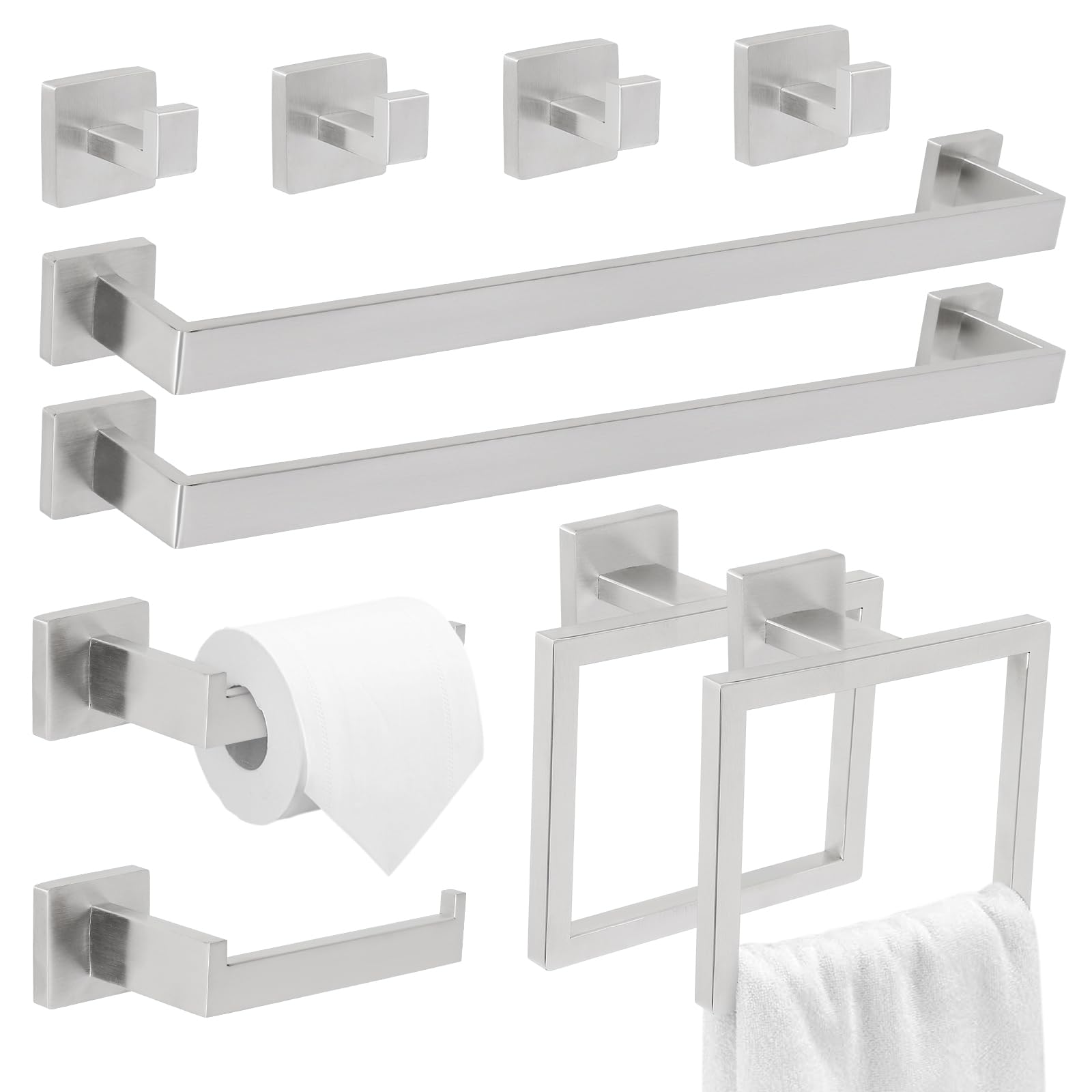 Photo 1 of 10 Pcs Silver Bathroom Hardware Accessories Set, 23.6 Inch Bath Towel Bar Kit with Towel Racks Ring and Hooks Paper Holder, 304 Stainless Steel Bathroom Hardware Set for Wall Mounted