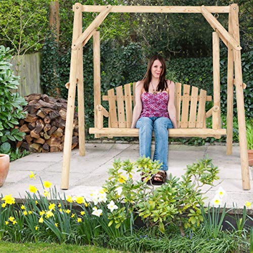 Image of Tangkula A-Frame Wood Log Swing Bench, Outdoor Rustic Curved Back Swing Chair for Patio Garden Yard