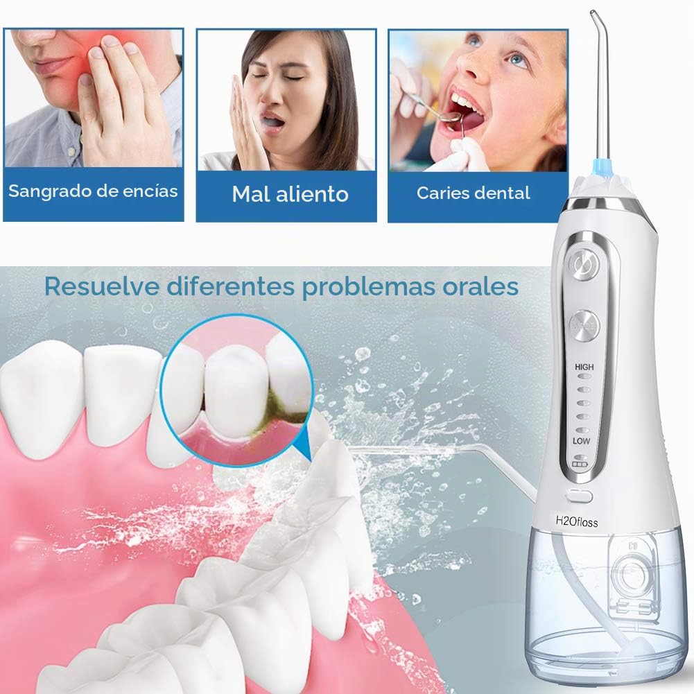 Irrigador Bucal Portátil Profesional - Multifuncional 300ml Irrigador Dental, 5 Modos 6 Boquillas, Tanque de Agua Extraíble, IPX7 Impermeable para Limpieza Dental, Ideal para Viaje(Blanco)