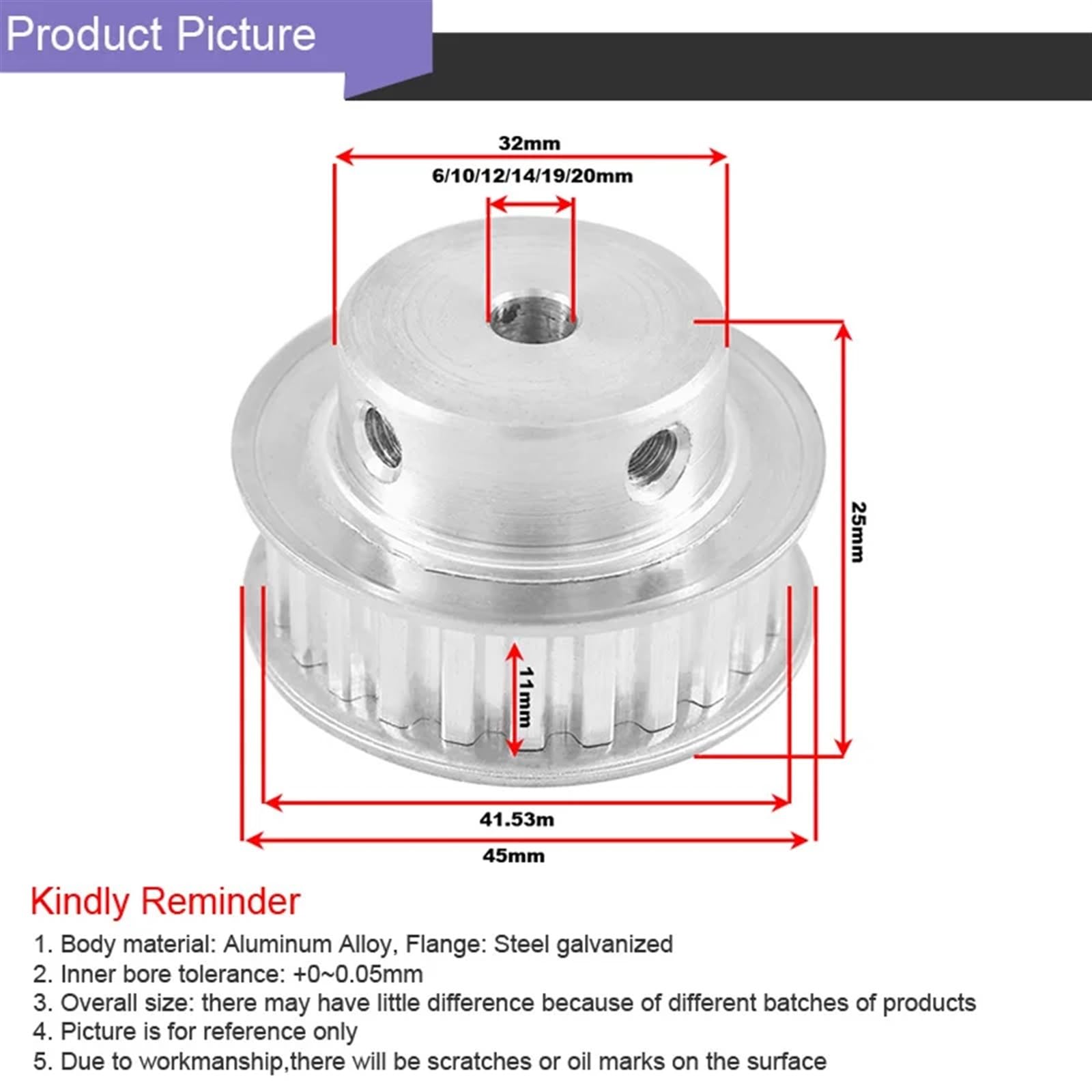XL 26T Gear Pulley 6/8/10/12/14/15/19/20mm Inner Bore Timing Belt Pulley 11mm Width Synchronous Pulley Wheel 1Pcs(14mm)