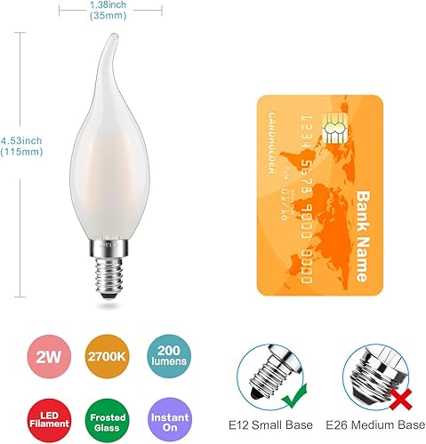 Miniatura 3 de Bombilla LED E12 con llama regulable, 2 W (equivalente a 25 vatios), suave y cálida de 2700 K, bombillas LED CA10 para lámpara colgante de lámpara