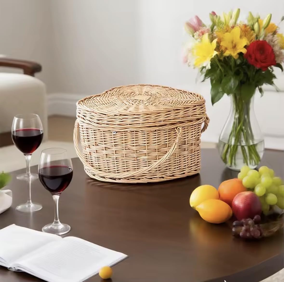 Cesta de picnic de mimbre, transportador tejido de ratán en forma de corazón con asa, almacenamiento portátil de alimentos para camping, viajes y comedor al aire libre, 45 x 39 x 25 cm