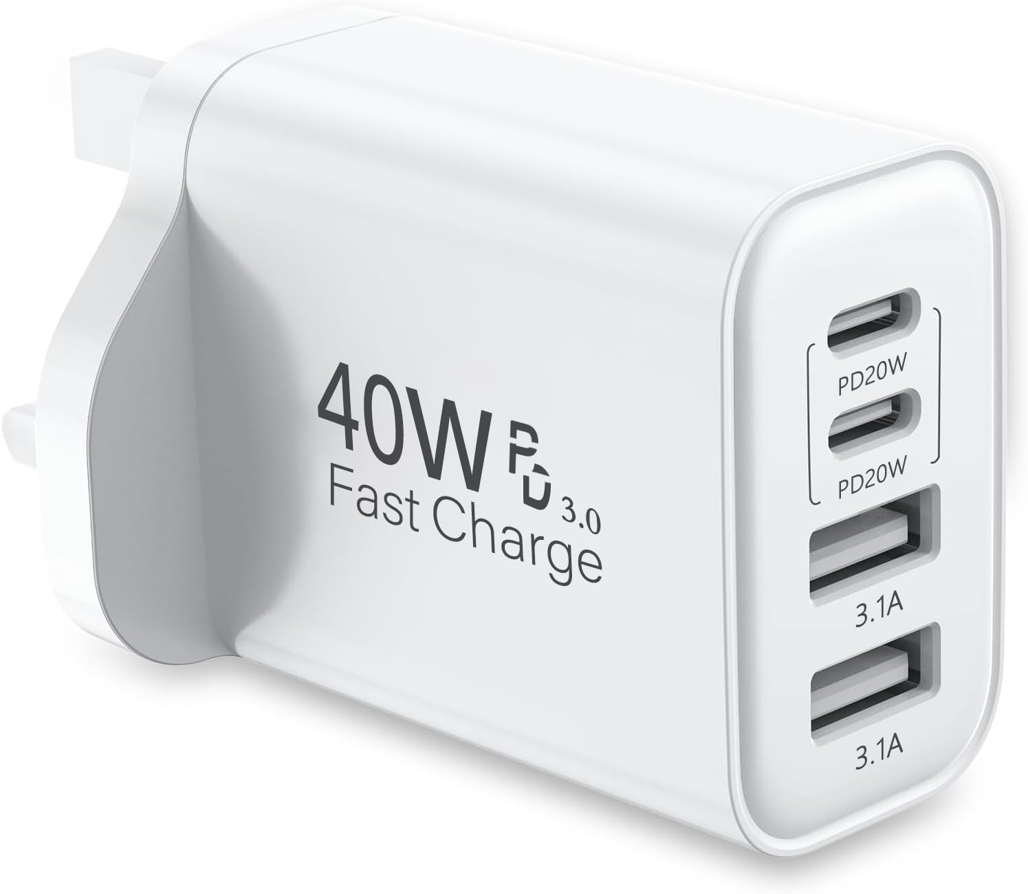 USB C Plug Fast Charge, 40W 4-Port Fast charger Plug, UK Dual Port PD Power Adapter +QC Wall Plug Multiport Mains Type C Phone Charger Plug for iPhone 16 16Pro 16ProMAX 15 14 13 Samsung (White)