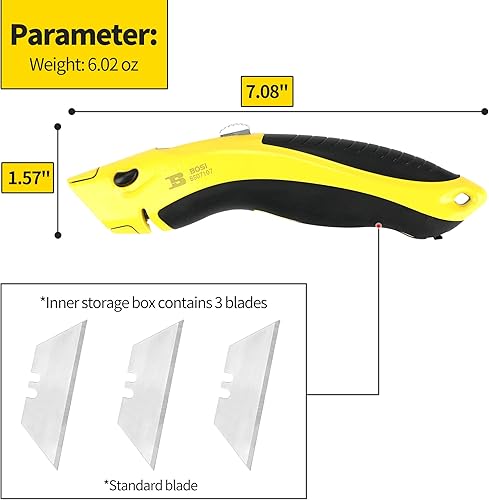 Miniatura 4 de BOSI TOOLS Cuchillo utilitario resistente, cortador de caja retráctil SK5, hoja de acero inoxidable, diseño de almacenamiento de hoja de cambio, 3