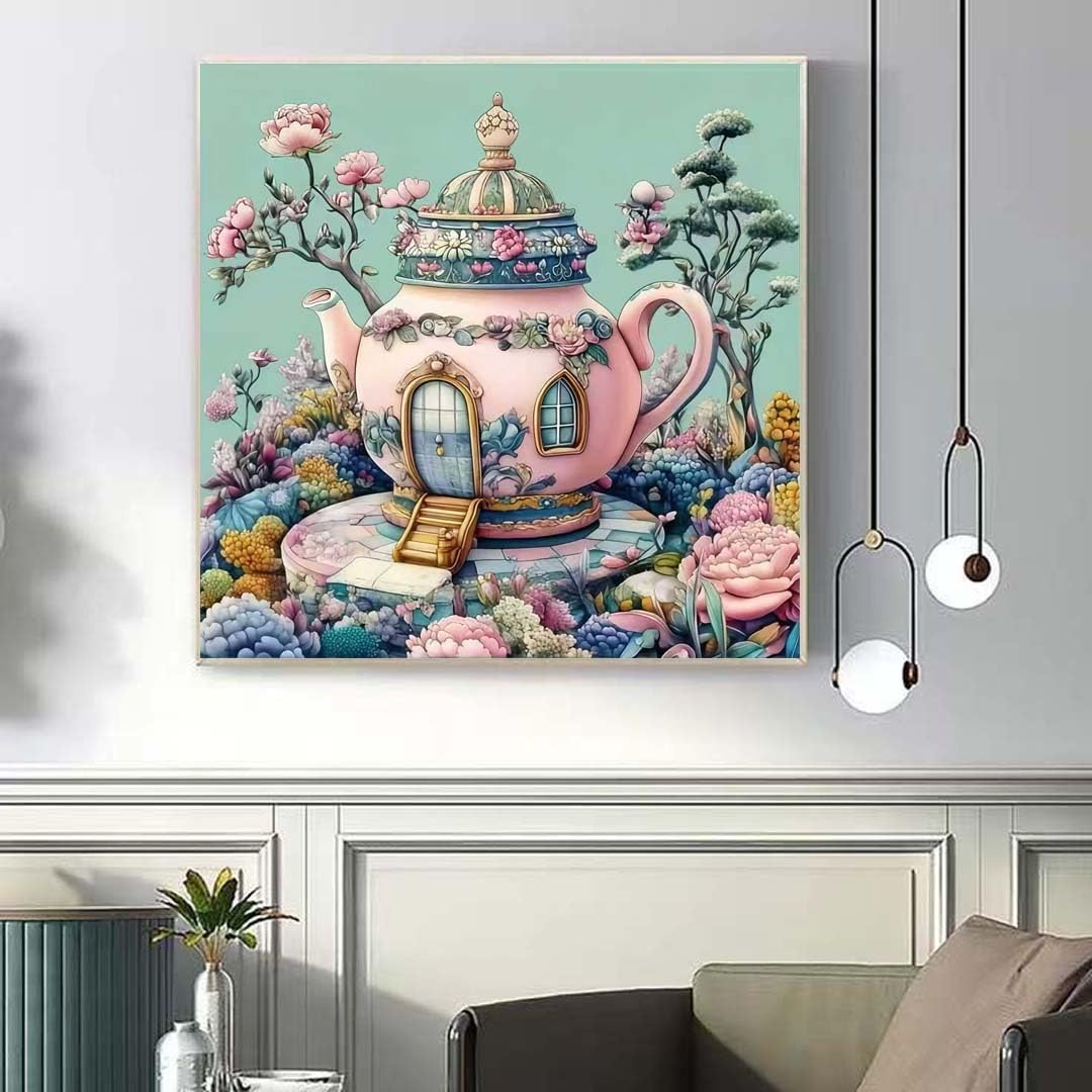Teapot Castle Diamond Art Kits for Adults,5D Diamond Painting Kits for Beginner,DIY Full Round Drill Flower Diamond Dot Gem Painting With Dot Art Craft Kits for Home Wall Decor 13.79 x 13.79inch - 5