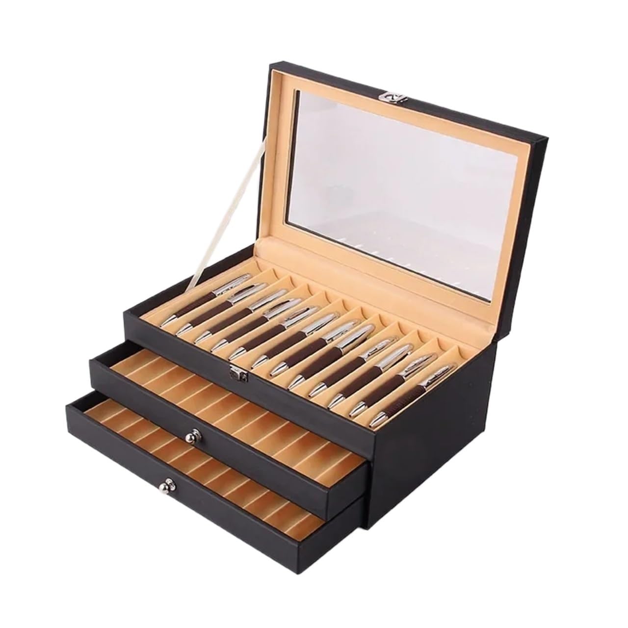 présentoir stylos bois Présentoir à stylos 12/24/36 emplacements, en cuir et flanelle, avec fenêtre verre - Fournitures scolaires de bureau(Color 11)