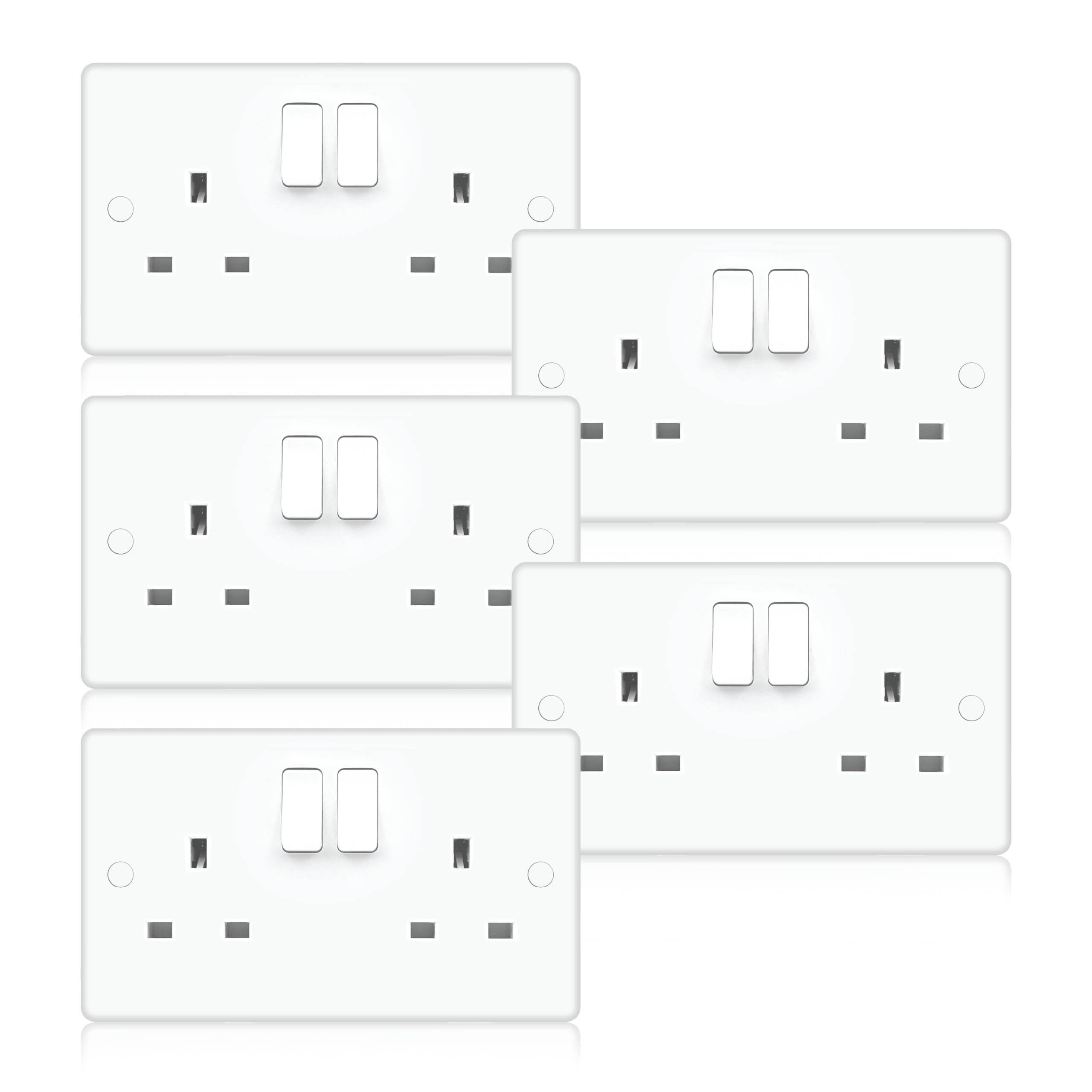 Evoges Vector 13A 2 Gang Double Pole Switched Socket – White Gloss Double Plate, UK 3-Pin Power Outlet, Includes Fixing Screws & Screw Caps, UK Standard Wall Mount (Pack of 5)