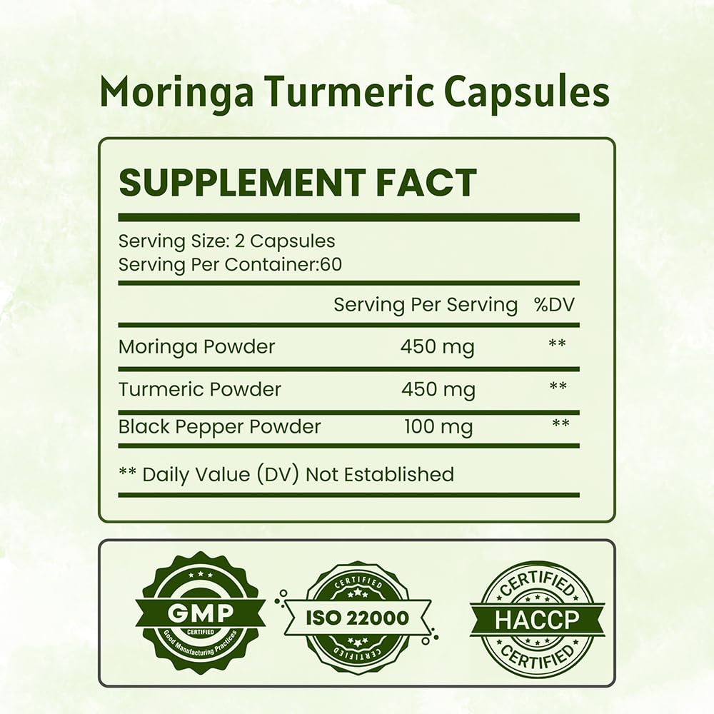 Organic Moringa Turmeric Capsules | Moringa Oleifera Powder & Turmeric Root Powder with Blackpepper 120 Capsules, Boost Immunity & Metabolism Support, Joint Health and Digestive Support — Amazon image 2