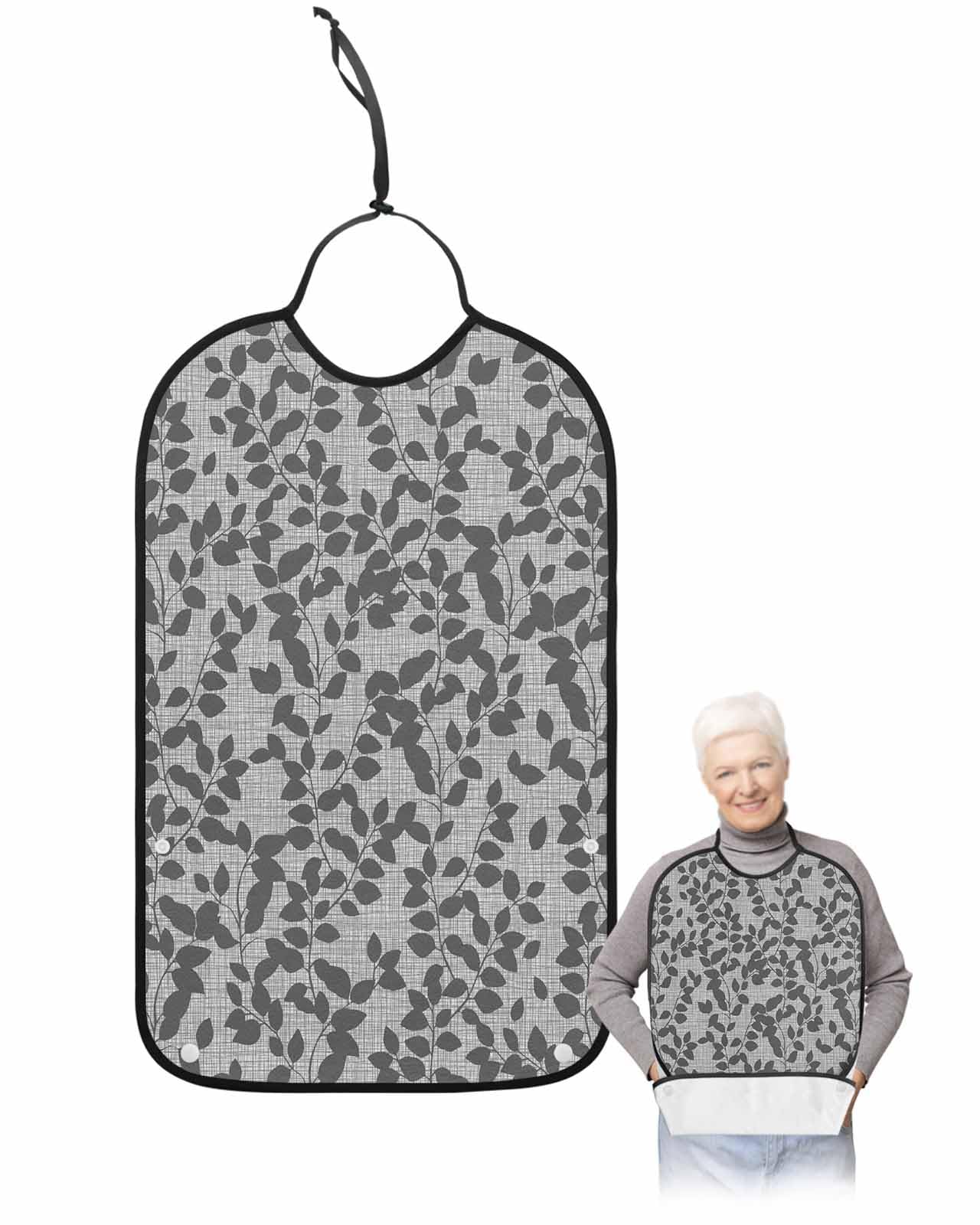 LEOKOTI Grey Botanical Adult Bibs for Eating, Waterproof Bibs with Food Catcher & Adjustable Snap Closure, Pastoral Spring Floral Summer Art Washable Clothing Protectors Adult Bibs for Elderly