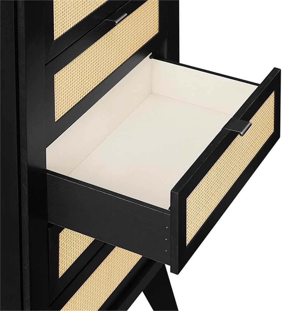 Pemberly Row Jewelry Armoire, Black Painted Wood, 5 Drawers with Cane Front Panels, Felt-Lined Storage, Side Hooks for Accessories, Top Mirror Compartment, Compact Design, 19.63" W x 13.38" D x 41" H