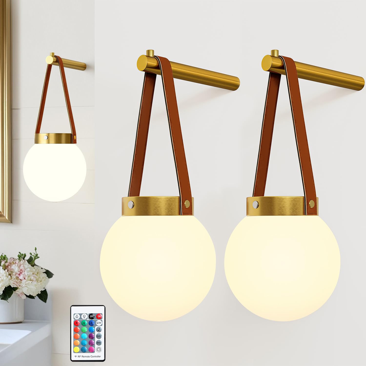 Battery Operated Wall Sconces Set of 2, Gold Wireless Globe Wall Lights with Remote Control Warm/Natural/Daylight/RGB 15 Colors Dimmable Rechargeable Wall Lamps Retro for Bedroom Living Room Hallway