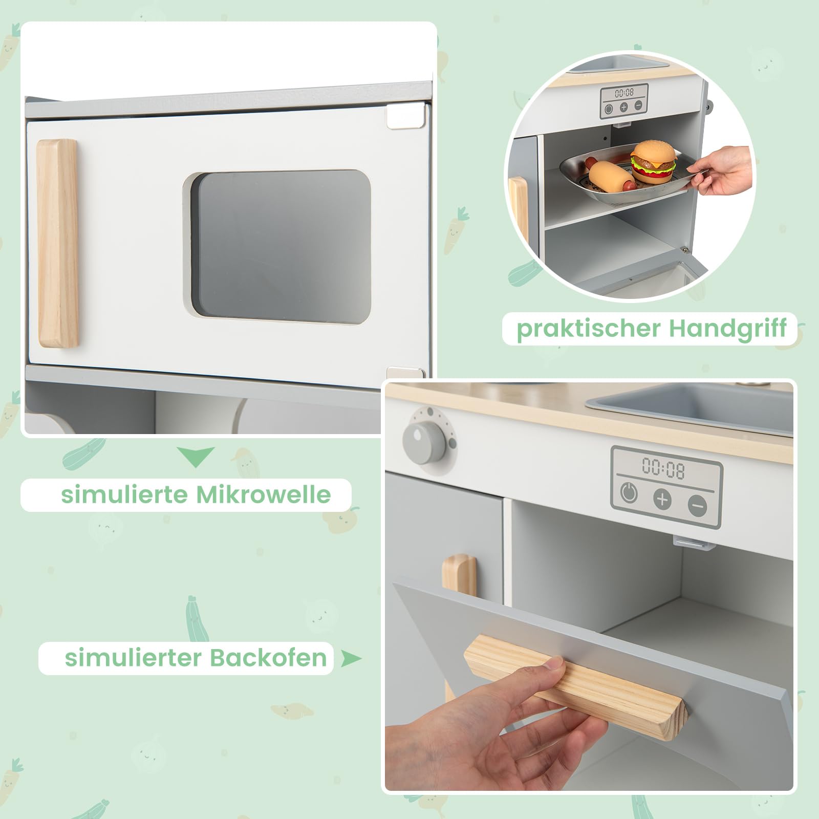COSTWAY 2 in 1 Kinderküche mit Zubehör, Spielküche mit Restaurant zum Kochen & Servieren, Holzküche inkl. Wasserhahn Spüle Herd Ofen Handtuchhalter Haken, Spielzeugküche für Kinder ab 3 Jahren