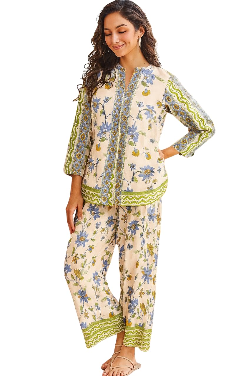 Women’s Floral Printed Cotton Night Suit Set Soft Breathable Top & Pyjama Set 3/4 Sleeve Relaxed Fit Loungewear Stylish Home Wear Sleepwear-picture-47